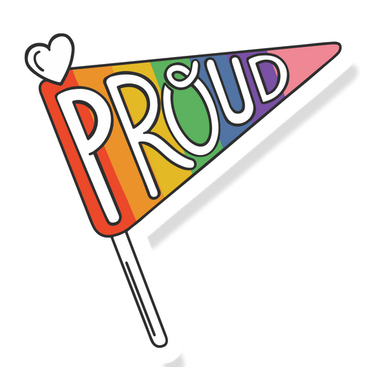Vinyl pride sticker: rainbow PROUD lettering with heart icon in triangular badge