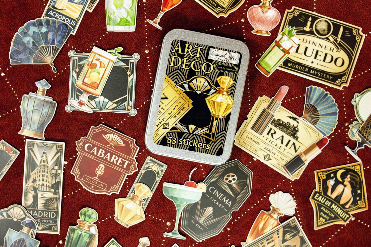 Art deco vintage sticker tin box with “53 stickers” text and gold art deco motifs
