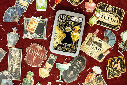 Art deco vintage sticker tin box with “53 stickers” text and gold art deco motifs