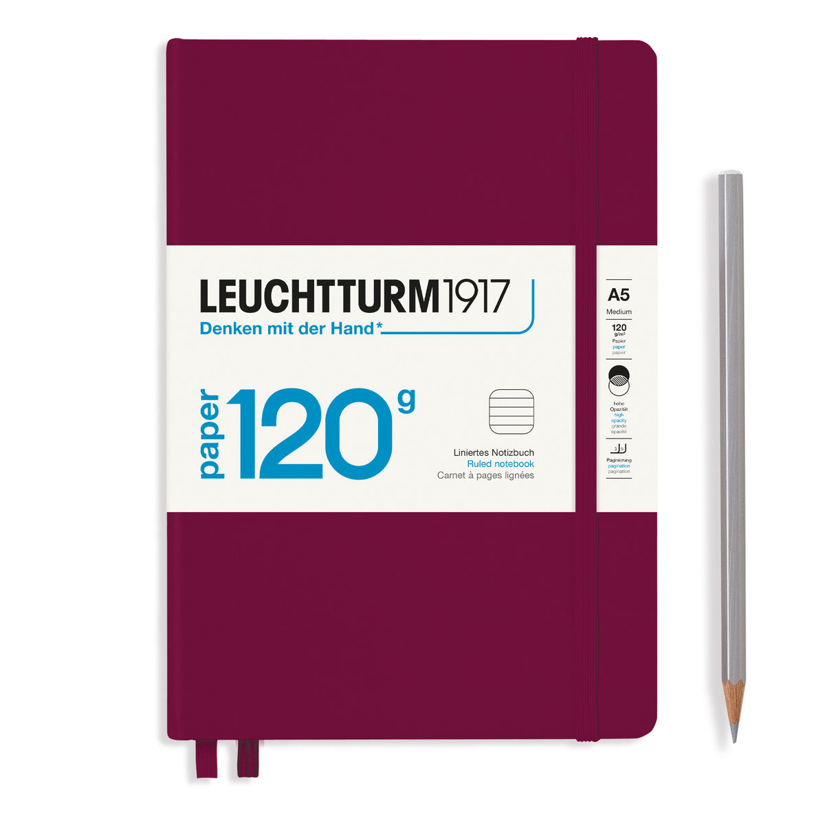 A5 hardcover notebook, port red, 120 g paper, ruled pages, elastic closure and ribbon bookmark